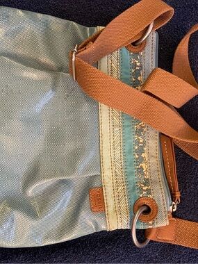 Fossil Teal and Tan Canvas Crossbody with Patterned Trim